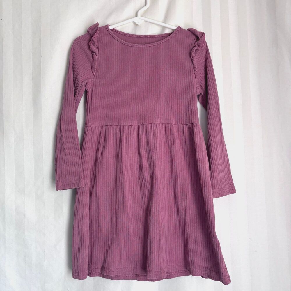 H&M Girls Mauve Pink Ribbed Cotton Jersey Long Sleeve Ruffle Dress 5T 6 EUC